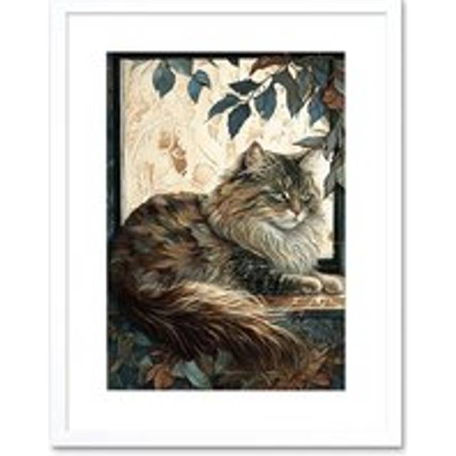 Wall Art Print Siberian Cat Perched on Window Sill in Autumn Modern Artwork Framed 9X7 Inch - White - W7 inch x H9 inch