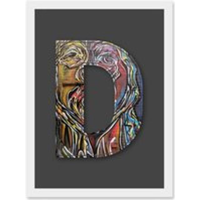 Letter D Multicoloured Face Wall Decorative Graffiti Mural Alphabet Initial Stencil Artwork Framed Wall Art Print A4 - White - One Size