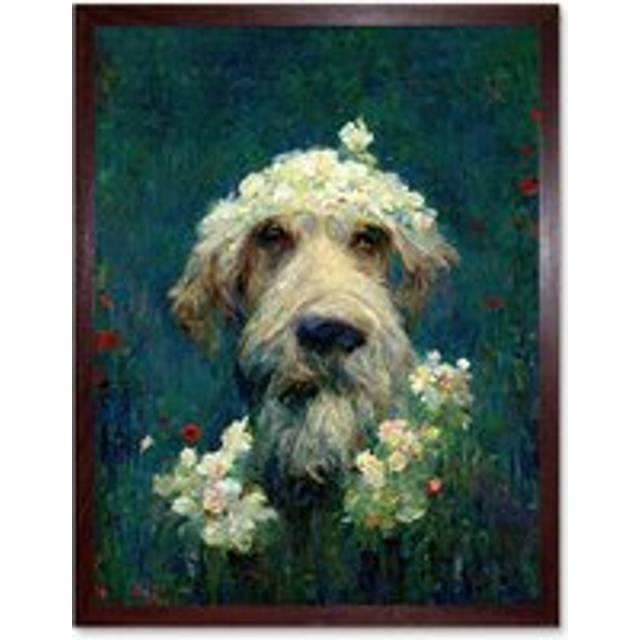 Wall Art Print Airedale Terrier Dog Wildflower Meadow With Flowers Claude Monet Style Art Framed - Brown - W12 inch x H16 inch
