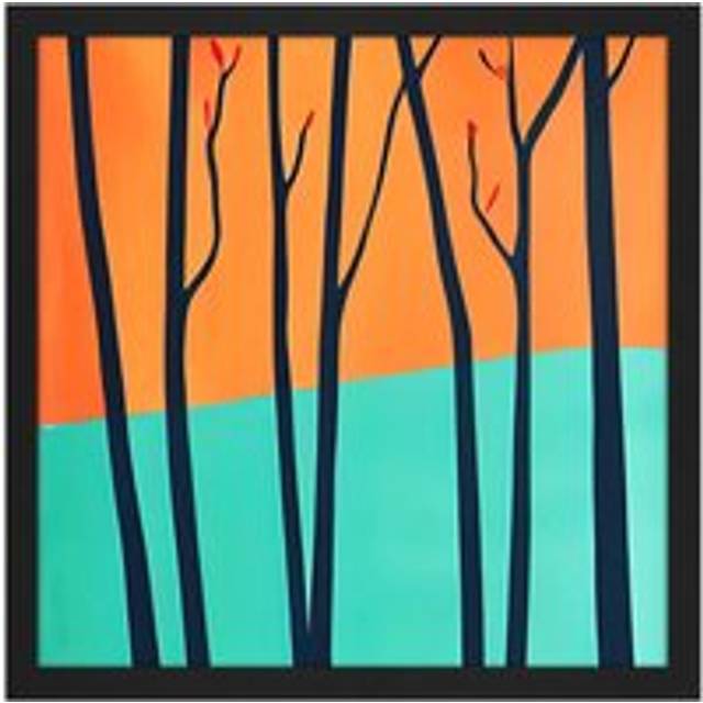 Wall Art Print Trees In Autumn Modern Landscape Turquoise Orange Square Framed Picture 16X16 Inch - Black - W16 inch x H16 inch