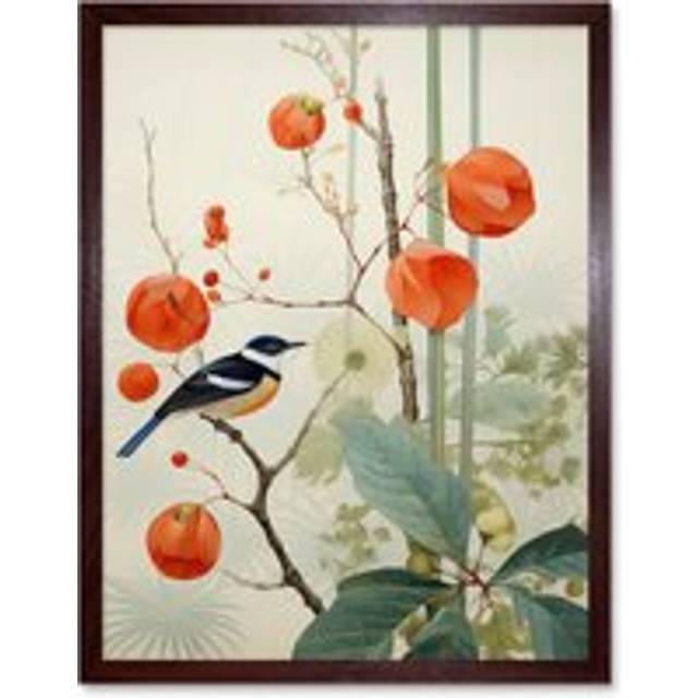Wall Art Print Small Bird on Blooming Tree Branch Botanical Artwork Red Teal Nature Study Audubon Style Art Framed - Brown - W12 inch x H16 inch