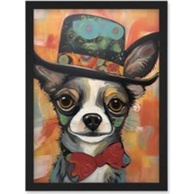 Chihuahua Dog Top Hat and Bowtie Modern Folk Art Artwork Framed Wall Art Print A4 - Black - One Size