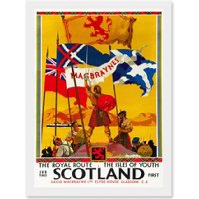 Travel Vintage Advert Scotland Tourism Flags William Wallace Royal Route Isles Youth Artwork Framed Wall Art Print A4 - White - One Size