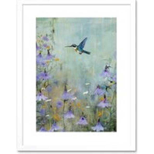 Wall Art Print Bluebell Hummingbird Pastel Painting Nectar Flowers Field Oil Painting Colour Artwork Framed 9X7 Inch - White - W7 inch x H9 inch