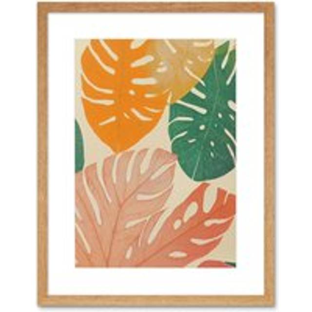 Wall Art Print Pastel Monstera Leaves Botanical Artwork Framed 9X7 Inch - Beige - W7 inch x H9 inch