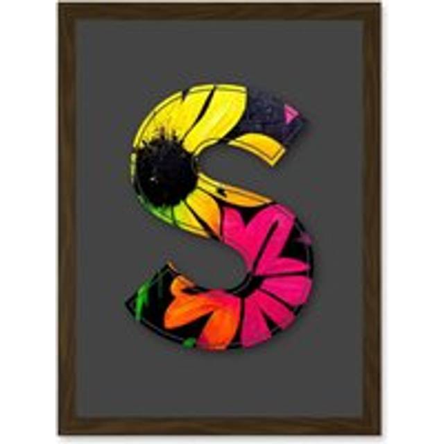 Letter S Floral Wall Decorative Graffiti Mural Alphabet Initial Stencil Artwork Framed Wall Art Print A4 - Brown - One Size