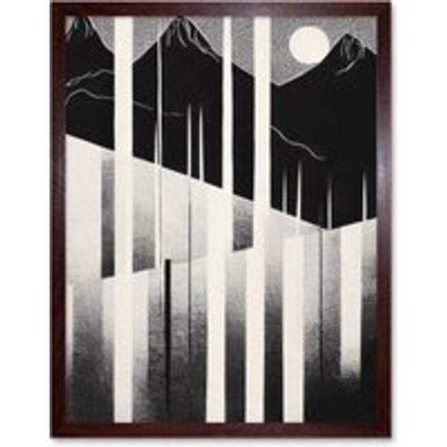 Wall Art Print Abstract Mountain Landscape Lake Sunrise Linocut Art Framed - Brown - W12 inch x H16 inch