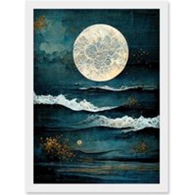 Large Full Moon Seascape Golden Algae Wave Foam Artwork Framed Wall Art Print A4 - White - One Size
