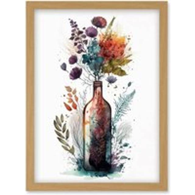 Wine Bottle with Wildflower Floral Spring Bouquet Artwork Framed Wall Art Print A4 - Tan - One Size