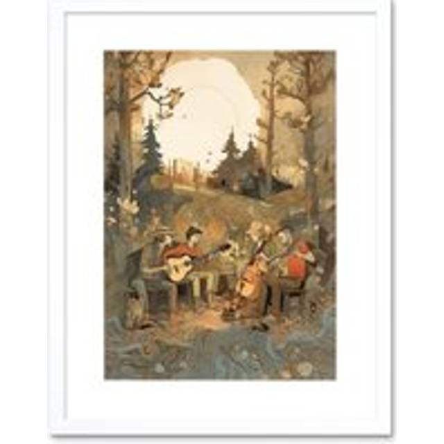 Wall Art Print Countryside Folk Band Musicians Playing Music in the Forest at Sunset Modern Watercolour Painting Artwork Framed 9X7 Inch - White - W7 - W7 inch x H9 inch