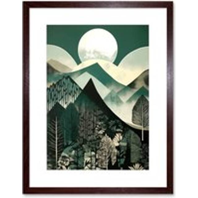 Wall Art Print Full Moon Over Mountain Forest Linocut Mid Century Sage Green Moonlit Landscape Artwork Framed 9X7 Inch - Brown - W7 inch x H9 inch