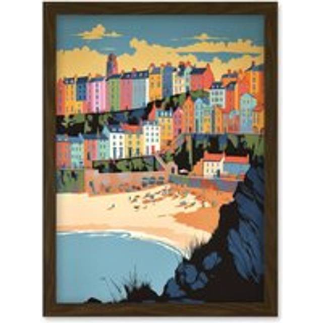 Tenby Castle Beach Coastal Town Summer in Wales Artwork Framed Wall Art Print A4 - Brown - One Size