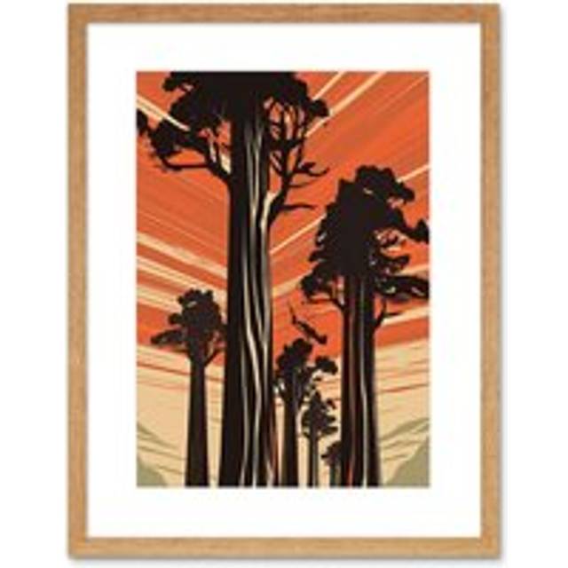 Wall Art Print Sequoia National Forest Large Tree Linocut Poster Artwork Framed 9X7 Inch - Beige - W7 inch x H9 inch