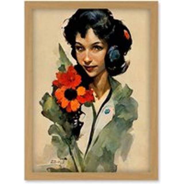 Woman With Bouquet Watercolour Flowers Floral Artwork Framed Wall Art Print A4 - Tan - One Size