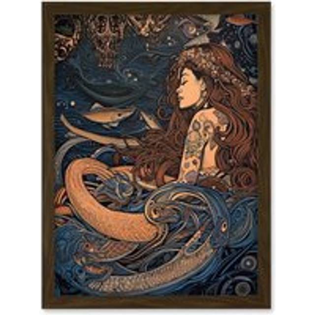 Little Mermaid and Aquatic Animals Illustration Artwork Framed Wall Art Print A4 - Brown - One Size