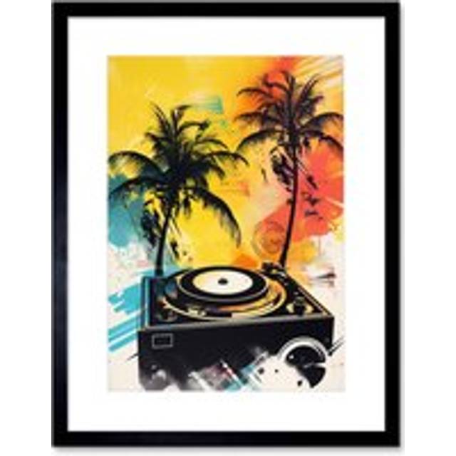 Wall Art Print Music Under Palm Trees Tropical Beach Party Modern Watercolour Painting Artwork Framed 9X7 Inch - Black - W7 inch x H9 inch