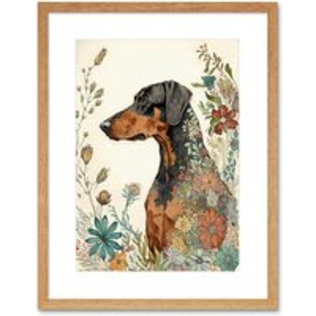 Wall Art Print Doberman Dog with Spring Flowers Colourful Watercolour Artwork Framed 9X7 Inch - Beige - W7 inch x H9 inch