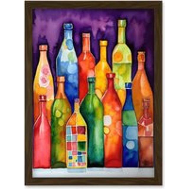 Colourful Glass Mead Bottles Still Life Watercolour Painting Artwork Framed Wall Art Print A4 - Brown - One Size