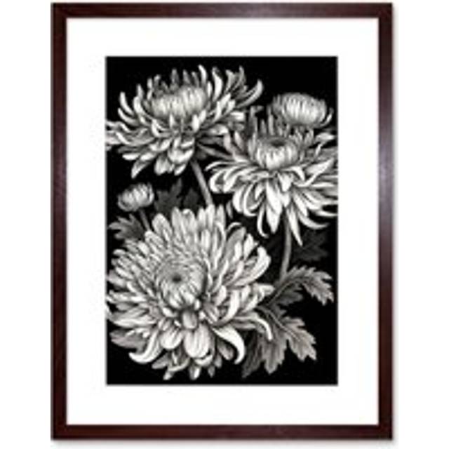 Wall Art Print Detailed Black and White Chrysanthemum Flowers Artwork Framed 9X7 Inch - Brown - W7 inch x H9 inch
