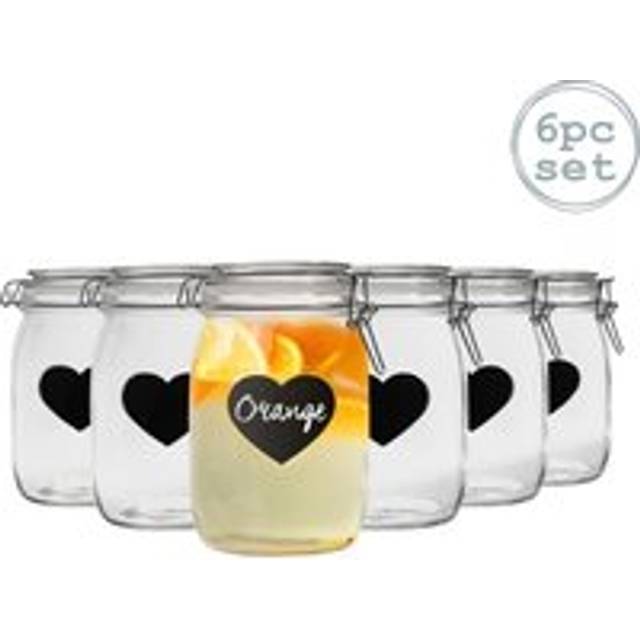 1L Air tight Glass Storage Jar with Embossed Heart Detail & Label - Pack of Six