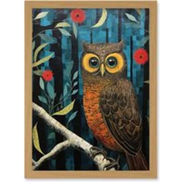 Wall Art Print Horned Owl on Blue Artwork Autumn Tones Detailed Oil Painting Hoot Artwork Framed A4 - Tan - A4