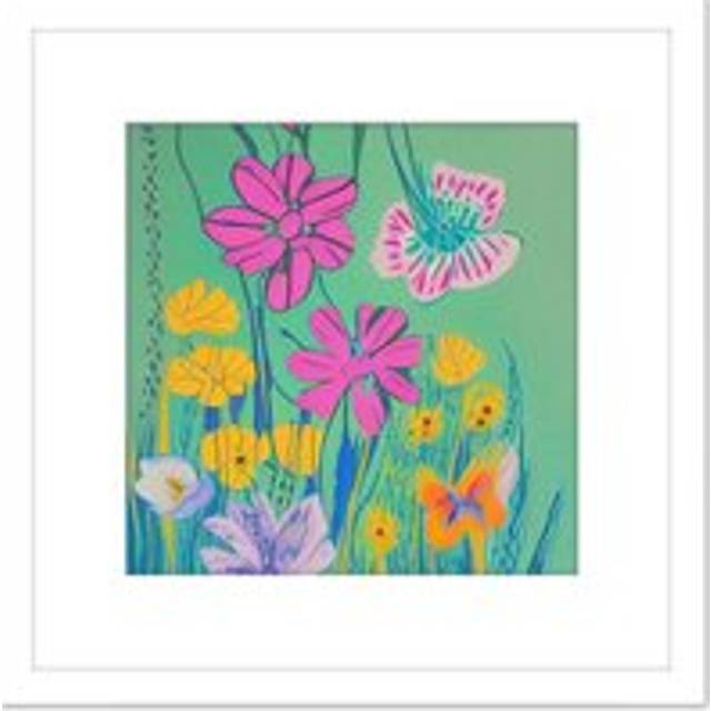 Wildflower Meadow of Pink and Yellow Flowers in Bloom Vibrant Abstract Painting Square Wooden Framed Wall Art Print Picture 8X8 Inch - White - One Siz - One Size