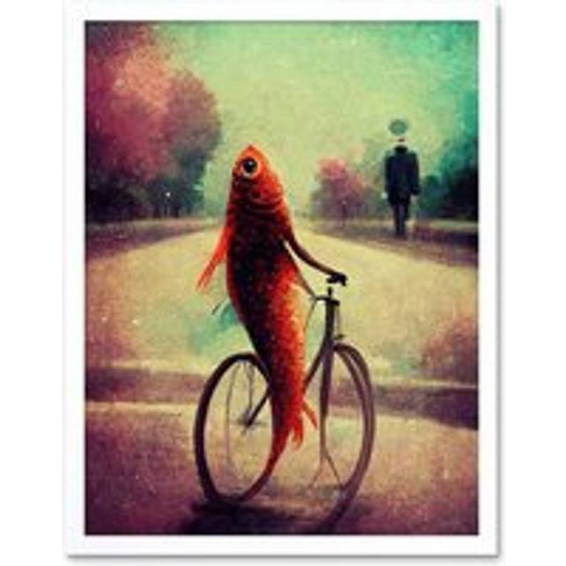 Wall Art Print Koi Fish With Bicycle Surrealism Purple Teal Park Dream Art Framed - White - W12 inch x H16 inch