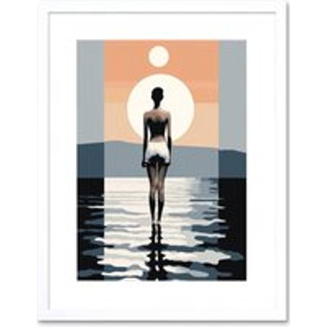 Wall Art Print The Sea is Calling Modern Abstract Minimalist Artwork Sun and Moon Artwork Framed 9X7 Inch - White - W7 inch x H9 inch
