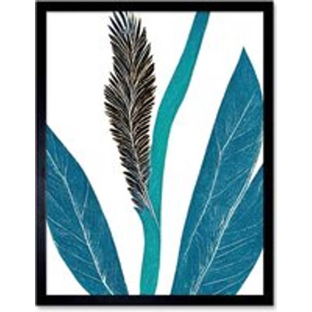 Wall Art Print Tropical Plant Abstract Pastel Feather Blue Teal Leaves Art Framed - Black - W12 inch x H16 inch