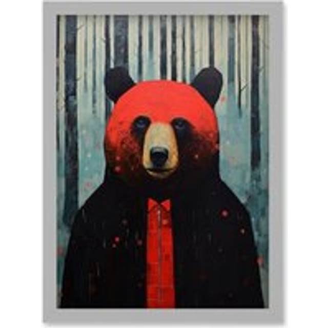 Wall Art Print Hipster Red Bear Artwork Oil Painting Black Blue Artwork Forest Trees Artwork Framed A4 - Grey - A4