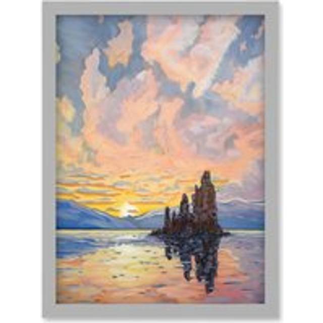Sunrise Atmospheric Clouds Over Mono Lake Mountain Lakeside Landscape Modern Watercolour Painting Artwork Framed Wall Art Print A4 - Grey - One Size