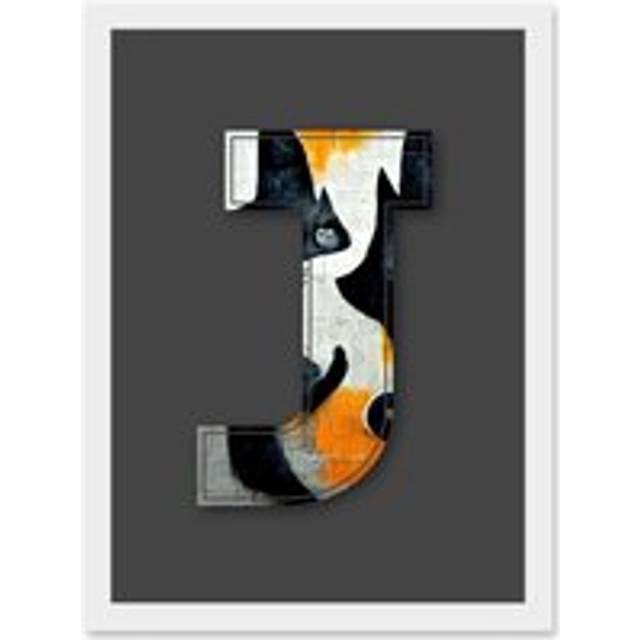 Letter J Abstract Cat Decorative Graffiti Mural Alphabet Initial Stencil Artwork Framed Wall Art Print A4 - White - One Size