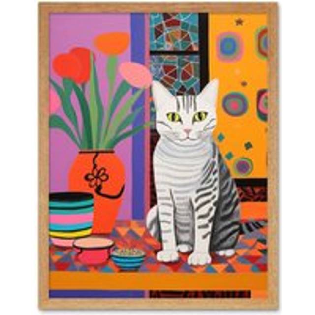 Wall Art Print The Stripey Cat Sits Artwork Potted Flower Plant Henri Matisse Style Painting Home Bold Bright Vibrant Folk Art Framed - Tan - W12 inch - W12 inch x H16 inch