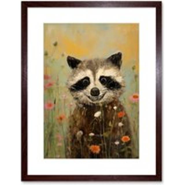 Wall Art Print Gleeful Raccoon Picking Flowers Oil Painting Red White Blooms Spring Meadow Landscape Kids Bedroom Artwork Framed 9X7 Inch - Brown - W7 - W7 inch x H9 inch