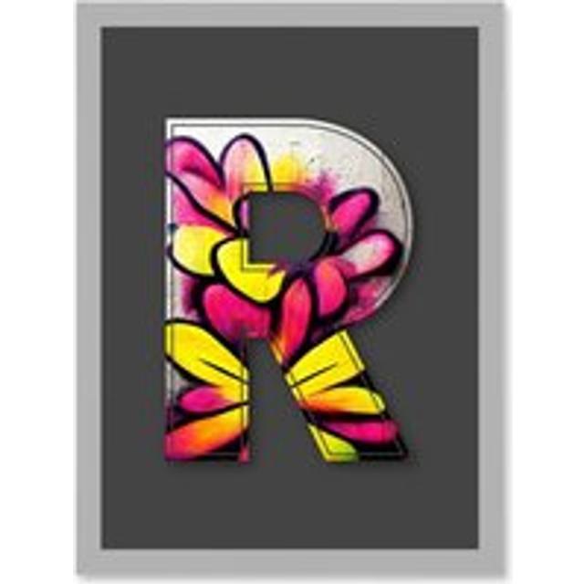 Letter R Yellow Pink Flower Decorative Graffiti Mural Alphabet Initial Stencil Artwork Framed Wall Art Print A4 - Grey - One Size