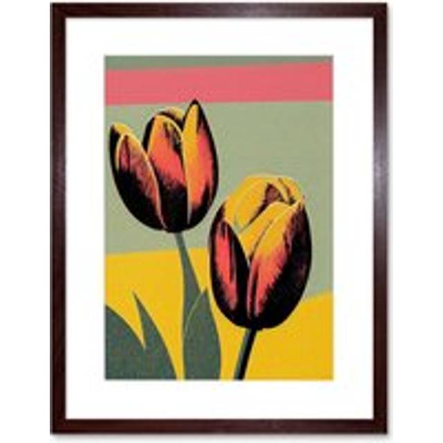 Wall Art Print Bright Modern Silkscreen Tulip Blooms Stencil Dusky Pink Sage Green Mustard Yellow Artwork Framed 9X7 Inch - Brown - W7 inch x H9 inch