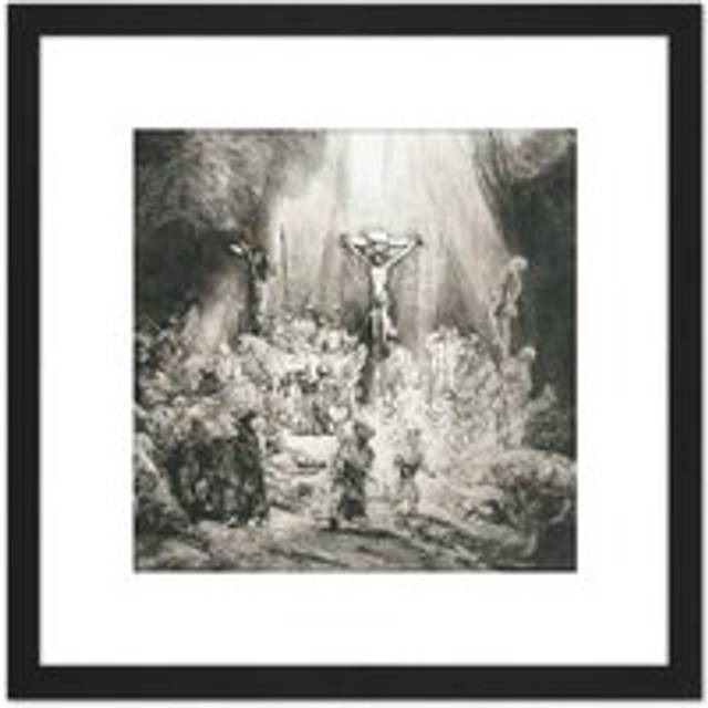 Rembrandt Christ Crucified Between Thieves 3 Crosses 8X8 Inch Square Wooden Framed Wall Art Print Picture with Mount - Black - One Size