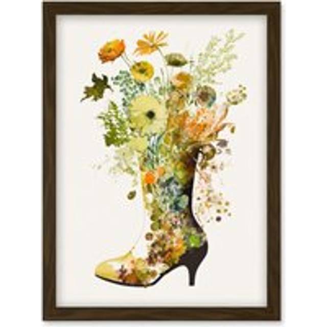 Wildflower Bouquet in High Heel Boot Glass Vase Artwork Framed Wall Art Print A4 - Brown - One Size