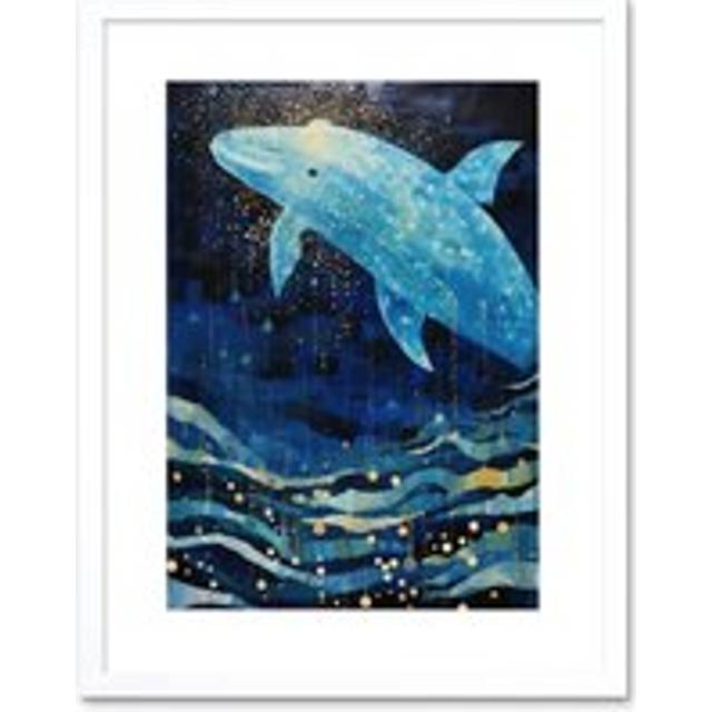 Wall Art Print Blue Whale Breach in Winter Waters Moonlit Seascape Waves Artwork Framed 9X7 Inch - White - W7 inch x H9 inch