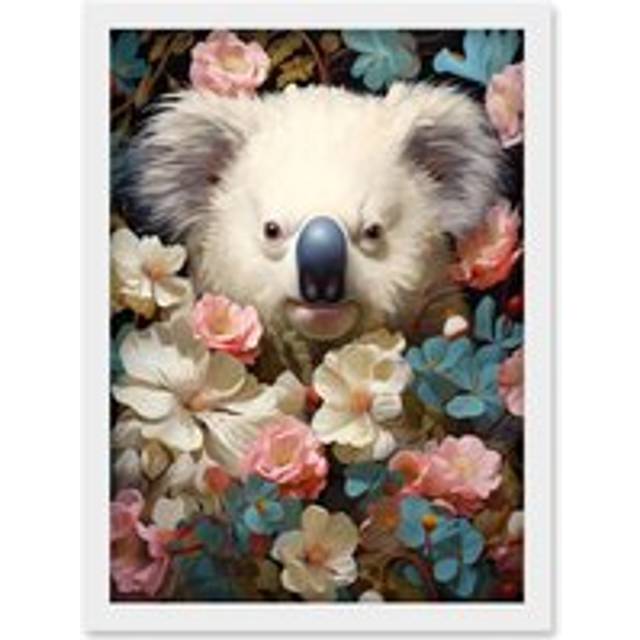 Wall Art Print Elegant White Koala Bear Nestled in White Blue and Pink Blooming Flowers Floral Oil Painting Artwork Framed A4 - A4