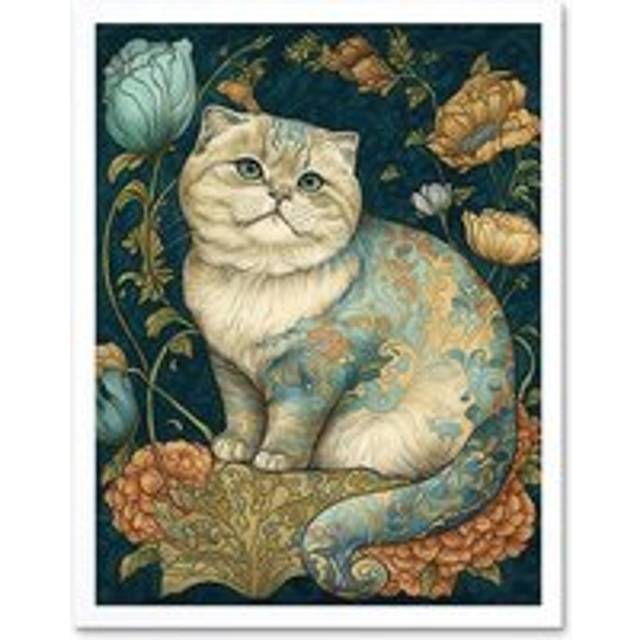 Wall Art Print William Morris Inspired Cute Cat with Floral Pattern Fur and Flowers Colourful Modern Art Framed - White - W12 inch x H16 inch