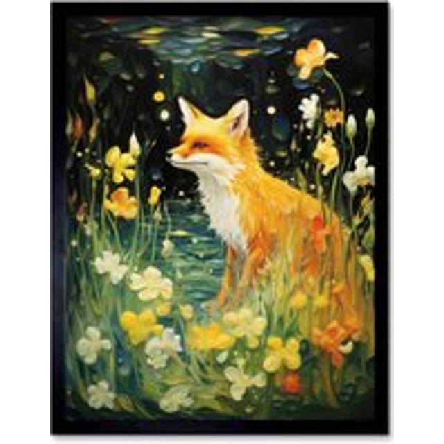 Wall Art Print Fox Dream Floral Yellow Oil Painting Orange White Dreamscape of Lily Flowers in Spring Art Framed - Black - W12 inch x H16 inch