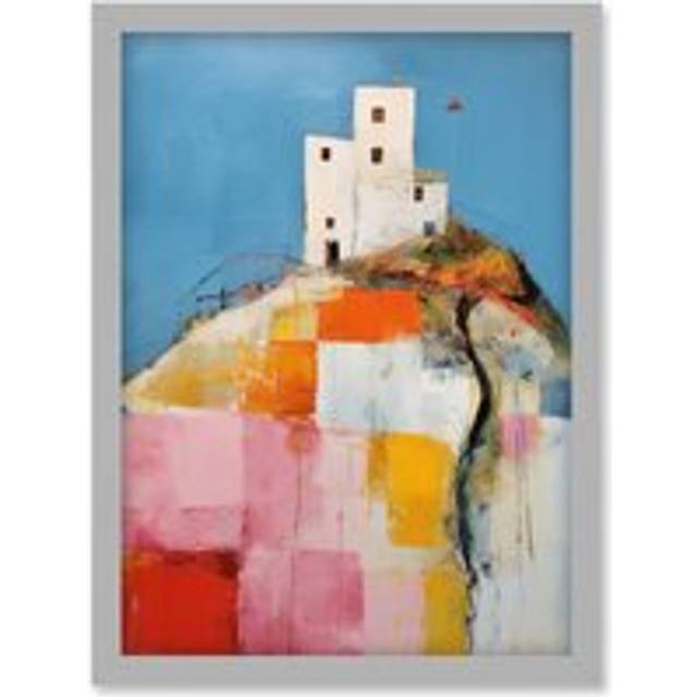 Wall Art Print House on the Hill Oil Painting Abstract Geometric Patchwork Palette Knife Pastel Colour Rural Landscape Artwork Framed A4 - Grey - A4