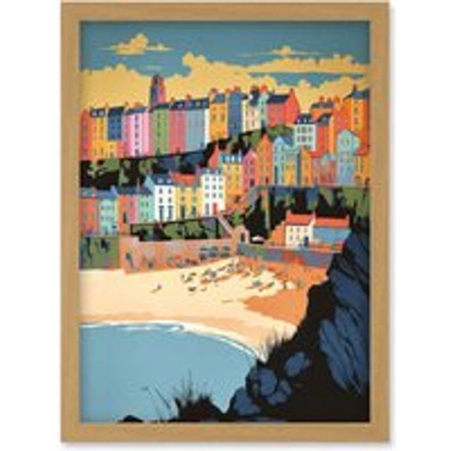Tenby Castle Beach Coastal Town Summer in Wales Artwork Framed Wall Art Print A4 - Tan - One Size