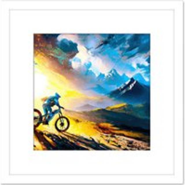 Sunrise Mountain Biker Landscape Freedom Sort Outdoor Painting Square Wooden Framed Wall Art Print Picture 8X8 Inch - White - One Size