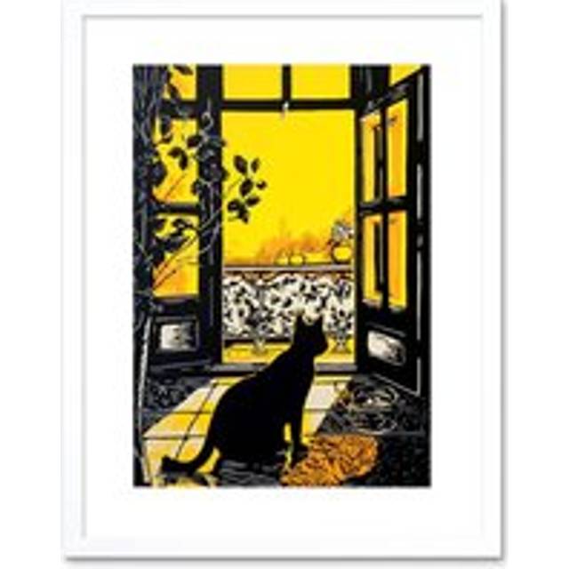 Wall Art Print Black Cat Sunbathing by Balcony Oil Painting Yellow Black Bright Mediterranean Sun Artwork Framed 9X7 Inch - White - W7 inch x H9 inch