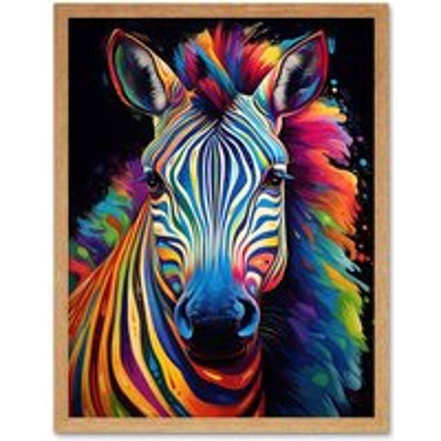 Wall Art Print Rainbow Striped Zebra Colourful Vibrant Bold Psychedelic Neon Impact Artwork Art Framed - Tan - W12 inch x H16 inch