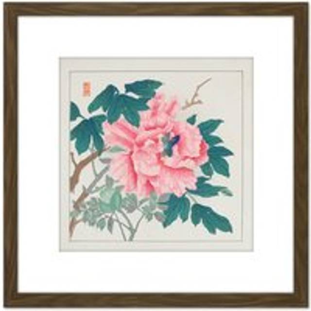 Peony 1930s Chikuseki Flower 8X8 Inch Square Wooden Framed Wall Art Print Picture with Mount - Brown - One Size