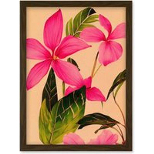 Exotic Pink Plumeria Flower Plant Blooms Watercolour Pencil Illustration Artwork Framed Wall Art Print A4 - Brown - One Size