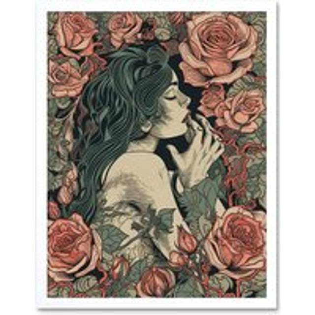 Wall Art Print Kiss from a Rose Pastel Red and Green Art Framed - White - W12 inch x H16 inch